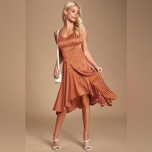 LULUS Bellamy Rust Brown Polka Dot Backless Handkerchief Dress Y2K 90’s XL Prep